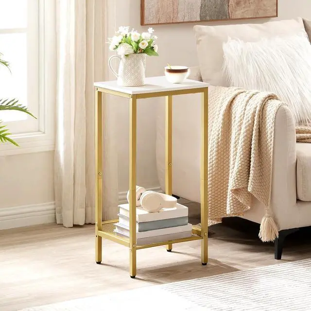 Alt view image 2 of 7 - Tall Side Table, Industrial End Telephone Table with Adjustable Mesh Shelves, Small Tall Nightstand for Living Room, Bedroom, Entryway, Office, White and Gold DW03DH01