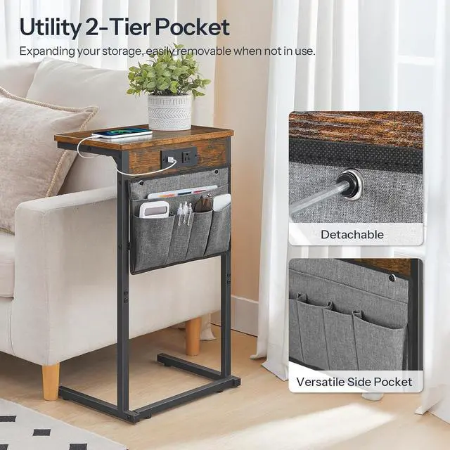 Alt view image 7 of 7 - C Shaped End Table with Charging Station, 28" H Couch Side Table Slide Under, Sofa Arm Tray Table with Storage Bag for Living Room, Recliner, Rustic Brown BF70USF01