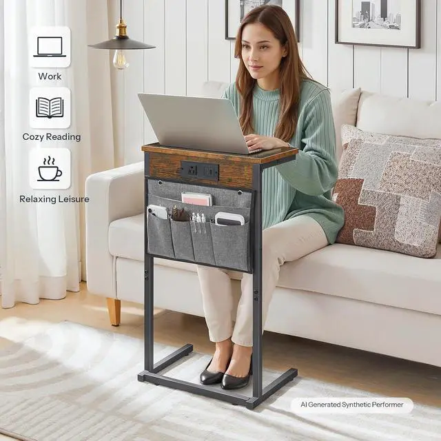 Alt view image 6 of 7 - C Shaped End Table with Charging Station, 28" H Couch Side Table Slide Under, Sofa Arm Tray Table with Storage Bag for Living Room, Recliner, Rustic Brown BF70USF01