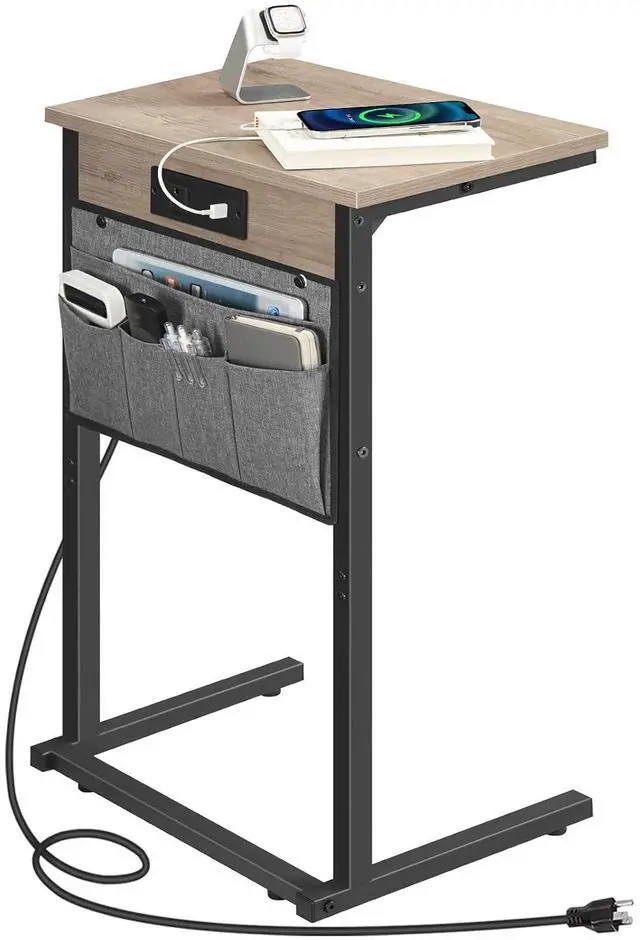 Main image of C Shaped End Table with Charging Station, 28" H Couch Side Table Slide Under, Sofa Arm Tray Table with Storage Bag for Living Room, Recliner, Greige BG70USF01