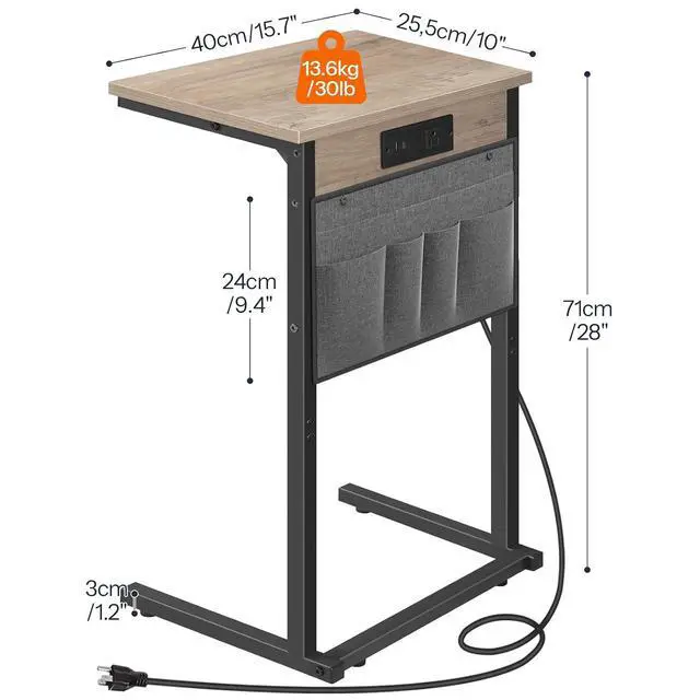 Alt view image 3 of 7 - C Shaped End Table with Charging Station, 28" H Couch Side Table Slide Under, Sofa Arm Tray Table with Storage Bag for Living Room, Recliner, Greige BG70USF01