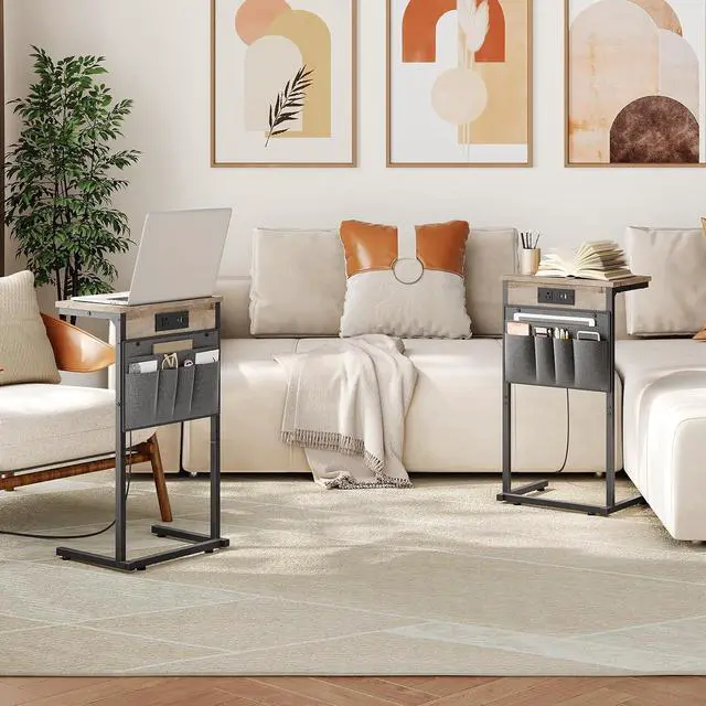 Alt view image 2 of 7 - C Shaped End Table with Charging Station, 28" H Couch Side Table Slide Under, Sofa Arm Tray Table with Storage Bag for Living Room, Recliner, Greige BG70USF01