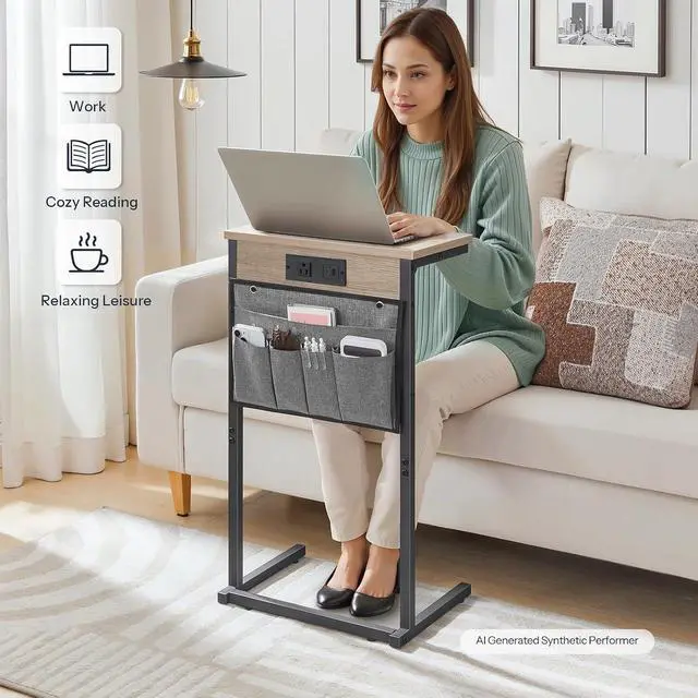 Alt view image 5 of 7 - C Shaped End Table with Charging Station, 28" H Couch Side Table Slide Under, Sofa Arm Tray Table with Storage Bag for Living Room, Recliner, Greige BG70USF01