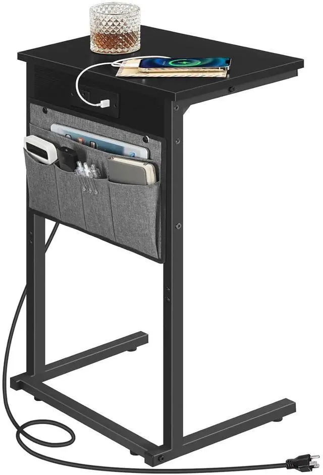 Main image of C Shaped End Table with Charging Station, 28" H Couch Side Table Slide Under, Sofa Arm Tray Table with Storage Bag for Living Room, Recliner, Black BB70USF01
