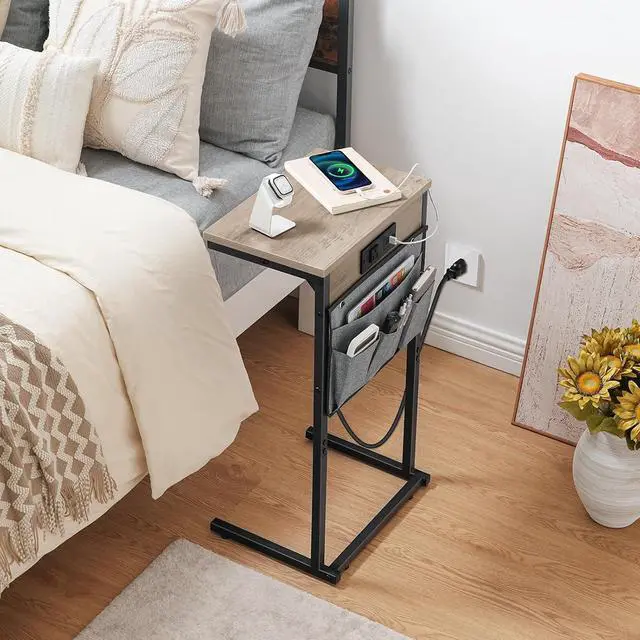 Alt view image 7 of 7 - C Shaped End Table with Charging Station, 28" H Couch Side Table Slide Under, Sofa Arm Tray Table with Storage Bag for Living Room, Recliner, Greige BG70USF01