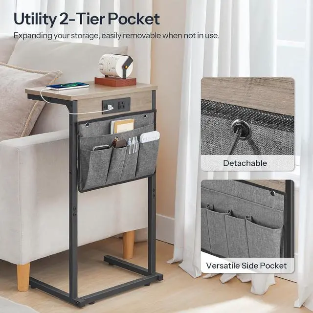 Alt view image 6 of 7 - C Shaped End Table with Charging Station, 28" H Couch Side Table Slide Under, Sofa Arm Tray Table with Storage Bag for Living Room, Recliner, Greige BG70USF01