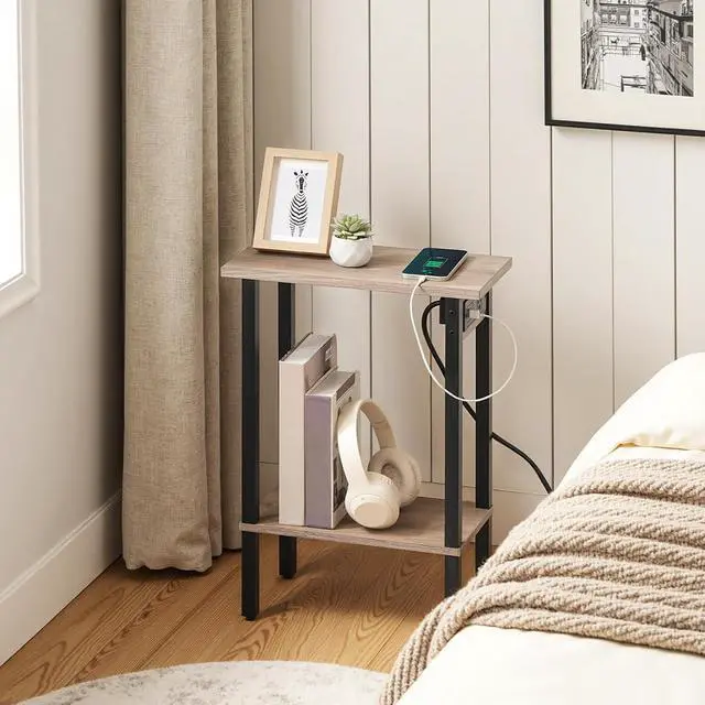 Alt view image 5 of 7 - Narrow Side Tables, Set of 2, 2-Tier Slim End Tables with Charging Station, Skinny Nightstands with Open Storage, for Small Spaces, Living Room, Bedroom, Study,Greige and Black BG240UBZP201