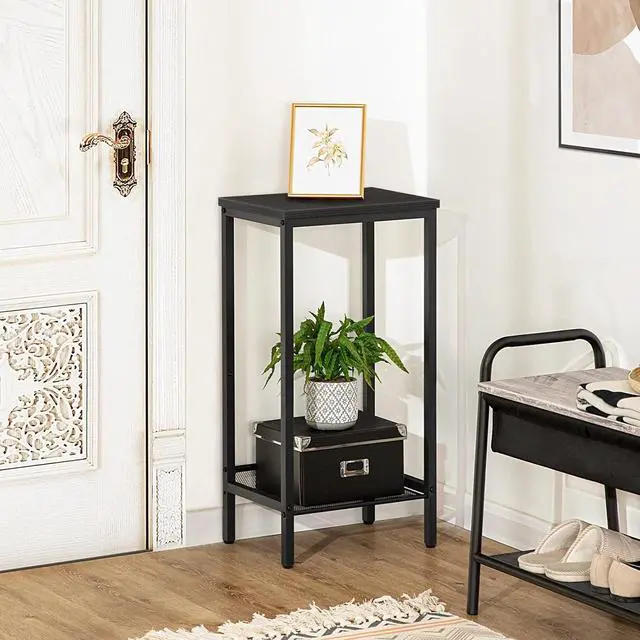 Alt view image 4 of 7 - Tall Side Table, Industrial End Telephone Table with Adjustable Mesh Shelves, Small Tall Nightstand for Living Room, Bedroom, Entryway, Office, Black BB03DH01