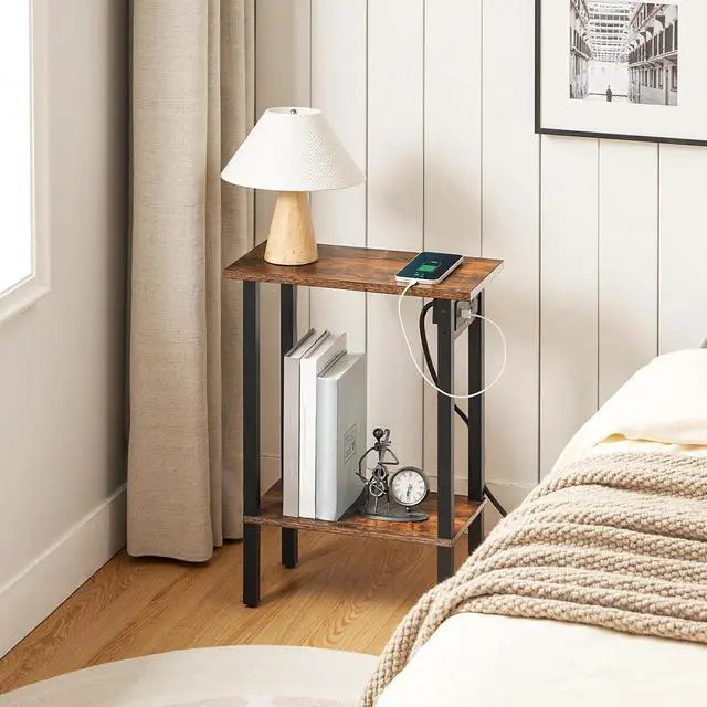 Alt view image 6 of 7 - Narrow Side Tables, Set of 2, 2-Tier Slim End Tables with Charging Station, Skinny Nightstands with Open Storage, for Small Spaces, Living Room, Bedroom, Rustic Brown and Black BF240UBZP201