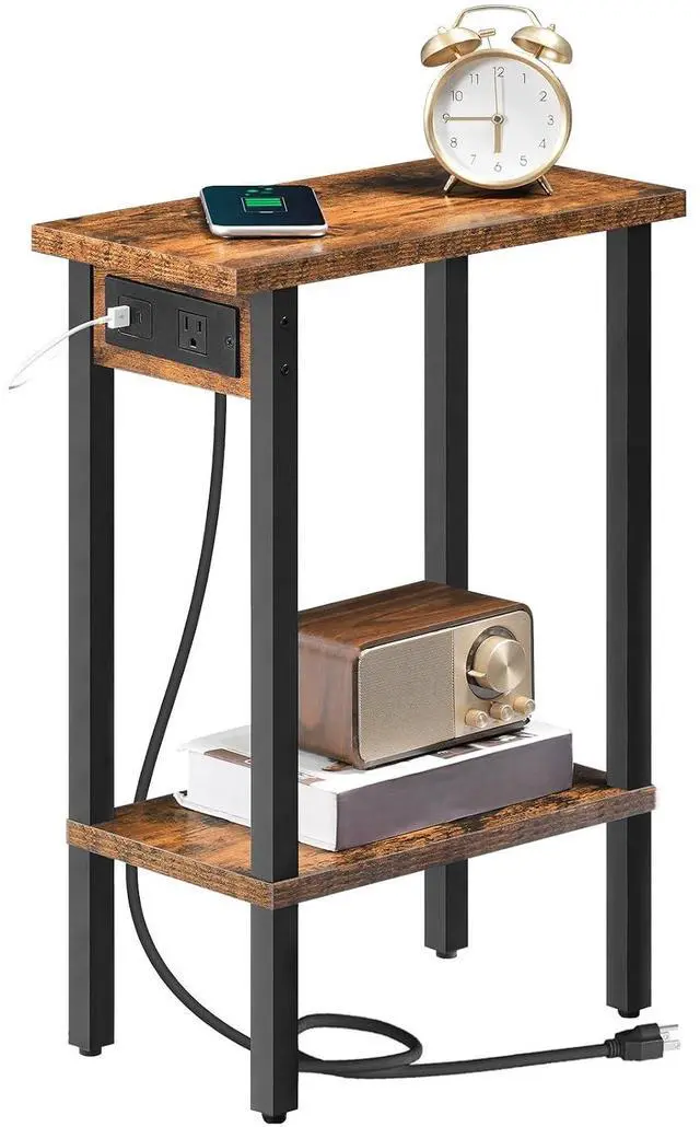 Main image of Narrow Side Table, 2-Tier Slim End Table with Charging Station, Skinny Nightstand with Open Storage, for Small Spaces, Living Room, Bedroom, Study, Rustic Brown and Black BF240UBZ01