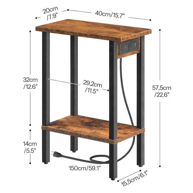 Alt view image 3 of 7 - Narrow Side Table, 2-Tier Slim End Table with Charging Station, Skinny Nightstand with Open Storage, for Small Spaces, Living Room, Bedroom, Study, Rustic Brown and Black BF240UBZ01