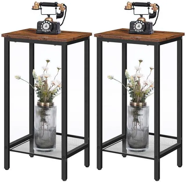 Main image of Tall Side Tables, Set of 2, Industrial End Telephone Tables with Adjustable Mesh Shelves, Small Tall Nightstands for Living Room, Bedroom, Entryway, Office, Rustic Brown and Black BF03DHP201