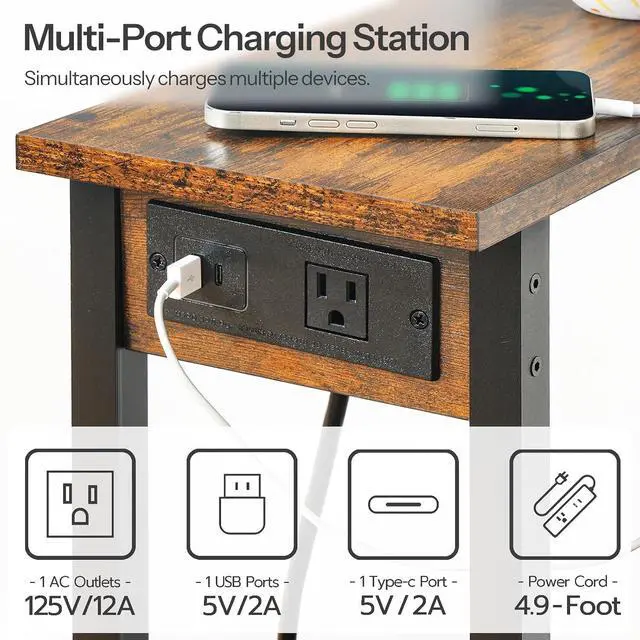 Alt view image 6 of 7 - Narrow Side Table, 2-Tier Slim End Table with Charging Station, Skinny Nightstand with Open Storage, for Small Spaces, Living Room, Bedroom, Study, Rustic Brown and Black BF240UBZ01