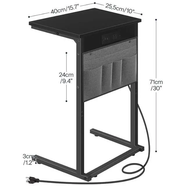 Alt view image 3 of 7 - C Shaped End Table with Charging Station, 28" H Couch Side Table Slide Under, Sofa Arm Tray Table with Storage Bag for Living Room, Recliner, Black BB70USF01