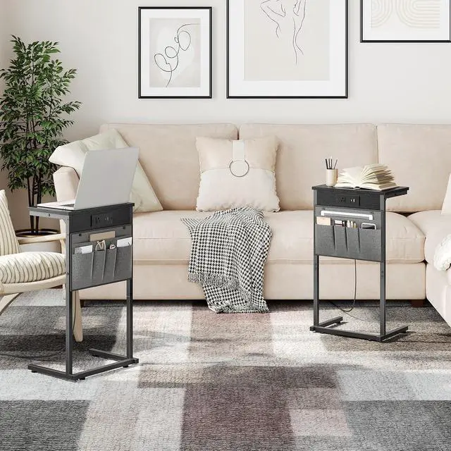 Alt view image 2 of 7 - C Shaped End Table with Charging Station, 28" H Couch Side Table Slide Under, Sofa Arm Tray Table with Storage Bag for Living Room, Recliner, Black BB70USF01