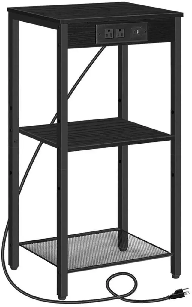 Main image of Tall End Table with Charging Station, 30 Inch Slim Tall Nightstand, 3-Tier Narrow Side Table with Adjustable Shelf, for Living Room, Bedroom, Small Space, Hallway, Black BB09UDH01G1