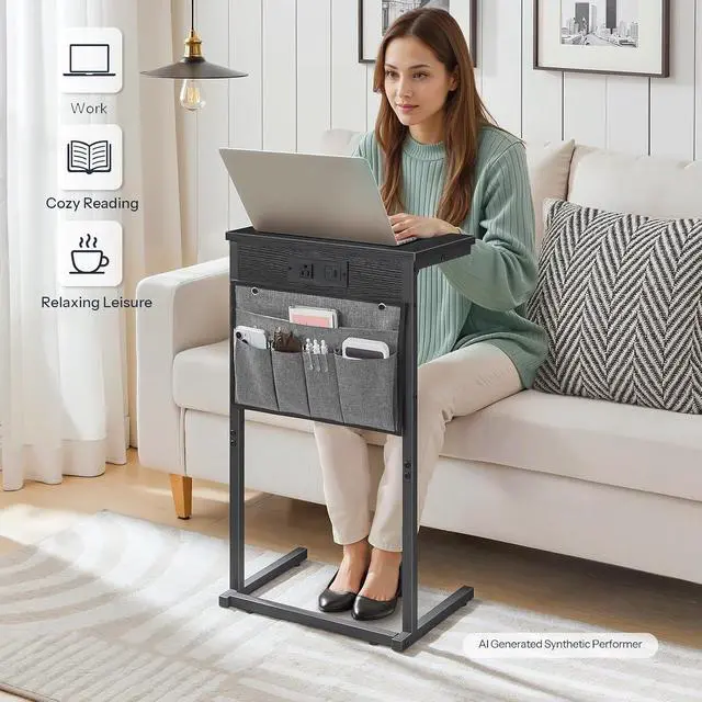 Alt view image 5 of 7 - C Shaped End Table with Charging Station, 28" H Couch Side Table Slide Under, Sofa Arm Tray Table with Storage Bag for Living Room, Recliner, Black BB70USF01
