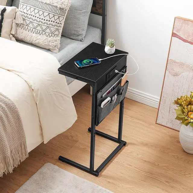 Alt view image 7 of 7 - C Shaped End Table with Charging Station, 28" H Couch Side Table Slide Under, Sofa Arm Tray Table with Storage Bag for Living Room, Recliner, Black BB70USF01