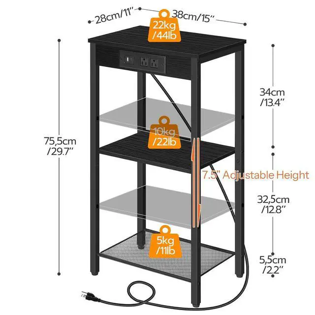 Alt view image 3 of 7 - Tall End Table with Charging Station, 30 Inch Slim Tall Nightstand, 3-Tier Narrow Side Table with Adjustable Shelf, for Living Room, Bedroom, Small Space, Hallway, Black BB09UDH01G1
