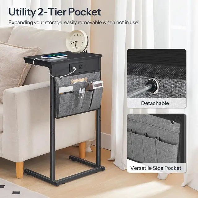 Alt view image 6 of 7 - C Shaped End Table with Charging Station, 28" H Couch Side Table Slide Under, Sofa Arm Tray Table with Storage Bag for Living Room, Recliner, Black BB70USF01