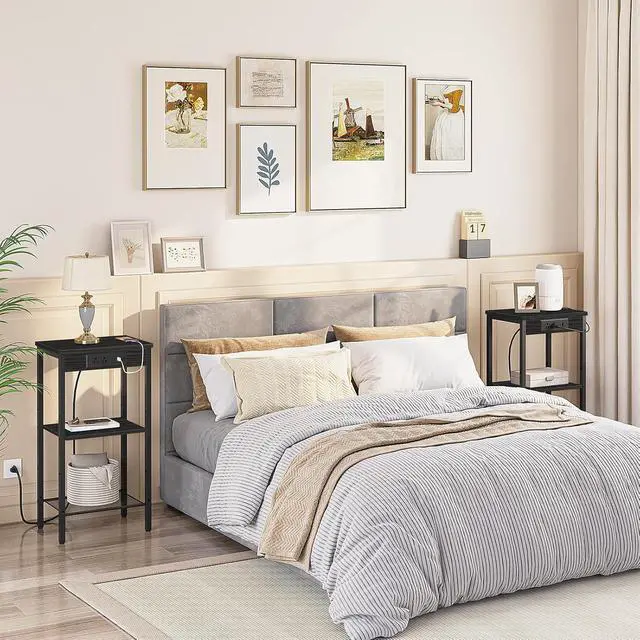 Alt view image 4 of 7 - Tall End Table with Charging Station, 30 Inch Slim Tall Nightstand, 3-Tier Narrow Side Table with Adjustable Shelf, for Living Room, Bedroom, Small Space, Hallway, Black BB09UDH01G1
