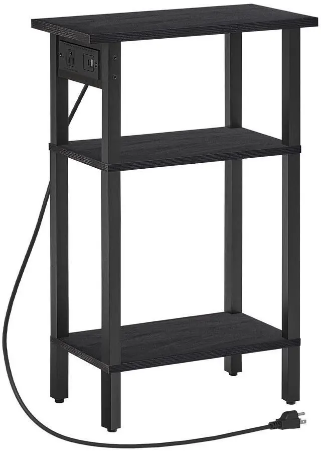 Main image of Narrow Side Table, 3-Tier Slim End Table with Charging Station, Skinny Nightstand with Open Storage, for Small Spaces, Living Room, Bedroom, Study, Rustic Brown and Black BB340UBZ01