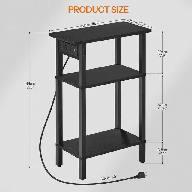 Alt view image 3 of 7 - Narrow Side Table, 3-Tier Slim End Table with Charging Station, Skinny Nightstand with Open Storage, for Small Spaces, Living Room, Bedroom, Study, Rustic Brown and Black BB340UBZ01