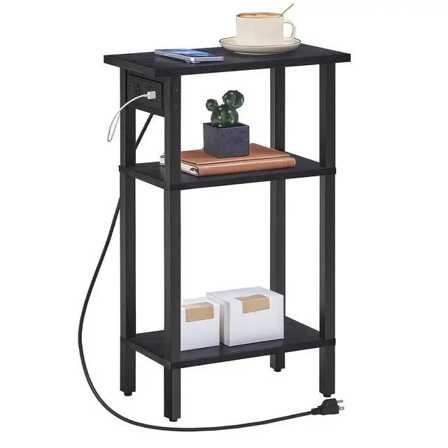 Alt view image 4 of 7 - Narrow Side Table, 3-Tier Slim End Table with Charging Station, Skinny Nightstand with Open Storage, for Small Spaces, Living Room, Bedroom, Study, Rustic Brown and Black BB340UBZ01