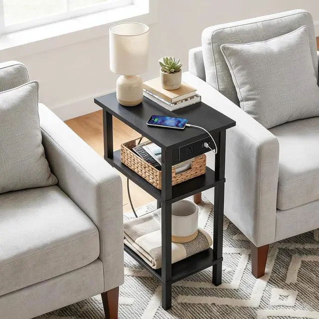 Alt view image 2 of 7 - Narrow Side Table, 3-Tier Slim End Table with Charging Station, Skinny Nightstand with Open Storage, for Small Spaces, Living Room, Bedroom, Study, Rustic Brown and Black BB340UBZ01