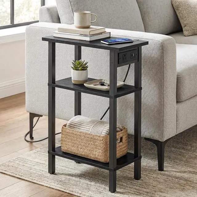Alt view image 5 of 7 - Narrow Side Table, 3-Tier Slim End Table with Charging Station, Skinny Nightstand with Open Storage, for Small Spaces, Living Room, Bedroom, Study, Rustic Brown and Black BB340UBZ01
