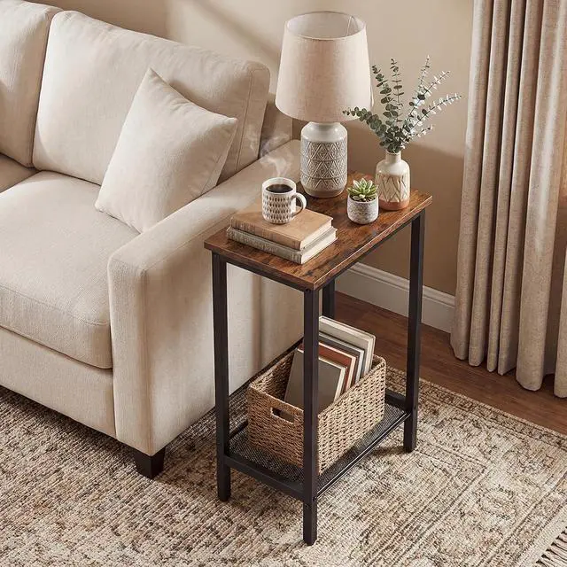 Alt view image 4 of 7 - Tall Side Tables, Set of 2, Industrial End Telephone Tables with Adjustable Mesh Shelves, Small Tall Nightstands for Living Room, Bedroom, Entryway, Office, Rustic Brown and Black BF03DHP201