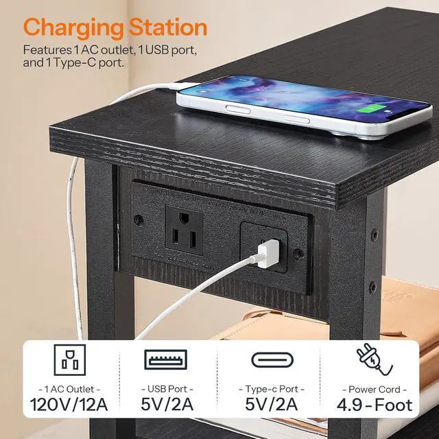 Alt view image 7 of 7 - Narrow Side Table, 3-Tier Slim End Table with Charging Station, Skinny Nightstand with Open Storage, for Small Spaces, Living Room, Bedroom, Study, Rustic Brown and Black BB340UBZ01