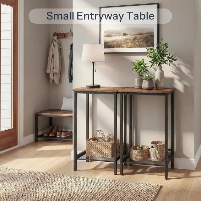 Alt view image 5 of 7 - Tall Side Tables, Set of 2, Industrial End Telephone Tables with Adjustable Mesh Shelves, Small Tall Nightstands for Living Room, Bedroom, Entryway, Office, Rustic Brown and Black BF03DHP201