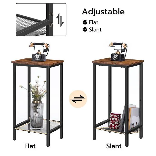 Alt view image 7 of 7 - Tall Side Tables, Set of 2, Industrial End Telephone Tables with Adjustable Mesh Shelves, Small Tall Nightstands for Living Room, Bedroom, Entryway, Office, Rustic Brown and Black BF03DHP201