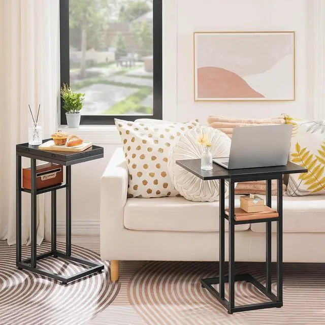 Alt view image 2 of 7 - Foldable C Shaped End Table, C Shaped Side Table with Storage Shelf, Small Snack Table, Slide Under Couch Table for Sofa, Living Room Bedroom Small Spaces Easy Assembly, Black BK29SF01