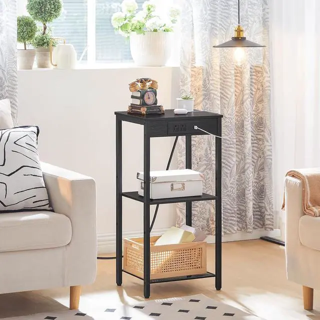 Alt view image 7 of 7 - Tall End Table with Charging Station, 30 Inch Slim Tall Nightstand, 3-Tier Narrow Side Table with Adjustable Shelf, for Living Room, Bedroom, Small Space, Hallway, Black BB09UDH01G1
