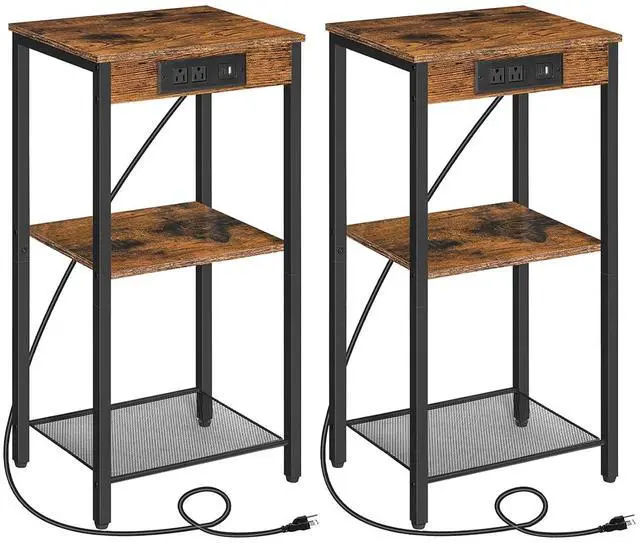 Main image of Tall End Tables with Charging Station, Set of 2, 30 Inch Tall Nightstands, 3-Tier Side Tables with Adjustable Storage Shelves, for Living Room, Bedroom, Hallway, Rustic Brown BF09UDHP201G1