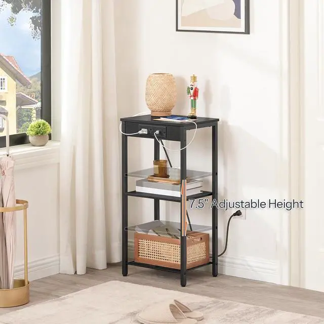 Alt view image 6 of 7 - Tall End Table with Charging Station, 30 Inch Slim Tall Nightstand, 3-Tier Narrow Side Table with Adjustable Shelf, for Living Room, Bedroom, Small Space, Hallway, Black BB09UDH01G1