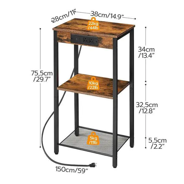 Alt view image 3 of 7 - Tall End Tables with Charging Station, Set of 2, 30 Inch Tall Nightstands, 3-Tier Side Tables with Adjustable Storage Shelves, for Living Room, Bedroom, Hallway, Rustic Brown BF09UDHP201G1