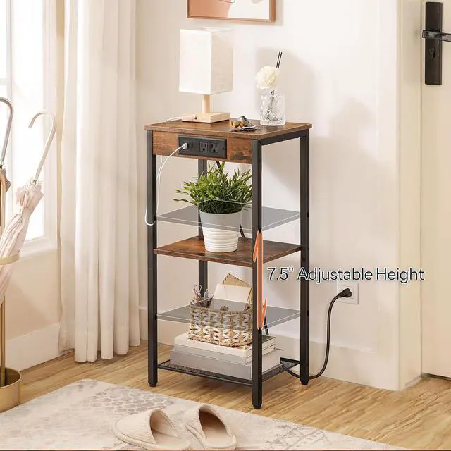 Alt view image 5 of 7 - Tall End Tables with Charging Station, Set of 2, 30 Inch Tall Nightstands, 3-Tier Side Tables with Adjustable Storage Shelves, for Living Room, Bedroom, Hallway, Rustic Brown BF09UDHP201G1