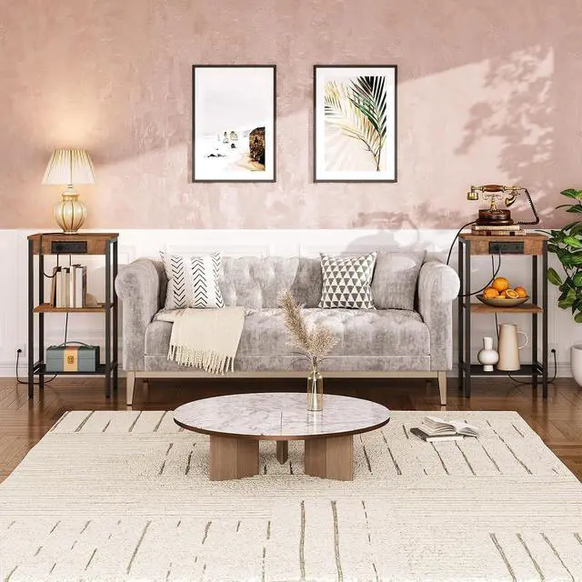 Alt view image 2 of 7 - Tall End Tables with Charging Station, Set of 2, 30 Inch Tall Nightstands, 3-Tier Side Tables with Adjustable Storage Shelves, for Living Room, Bedroom, Hallway, Rustic Brown BF09UDHP201G1