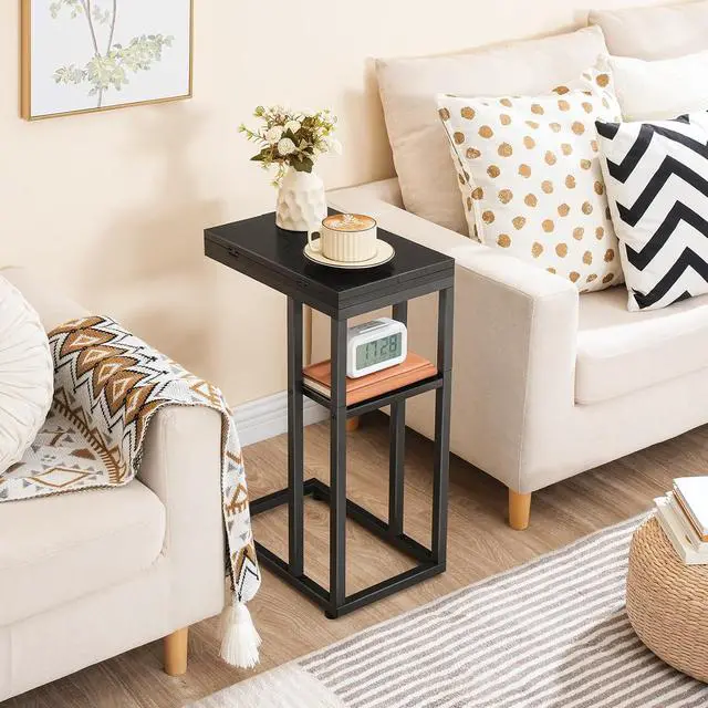 Alt view image 4 of 7 - Foldable C Shaped End Table, C Shaped Side Table with Storage Shelf, Small Snack Table, Slide Under Couch Table for Sofa, Living Room Bedroom Small Spaces Easy Assembly, Black BK29SF01