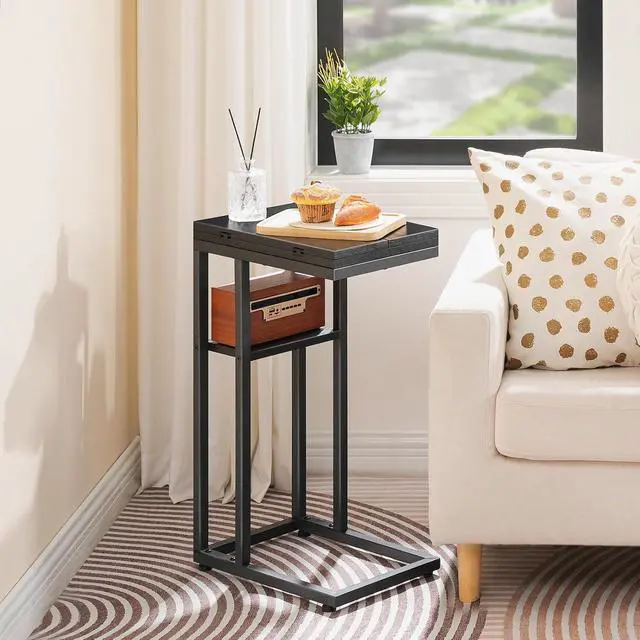 Alt view image 5 of 7 - Foldable C Shaped End Table, C Shaped Side Table with Storage Shelf, Small Snack Table, Slide Under Couch Table for Sofa, Living Room Bedroom Small Spaces Easy Assembly, Black BK29SF01