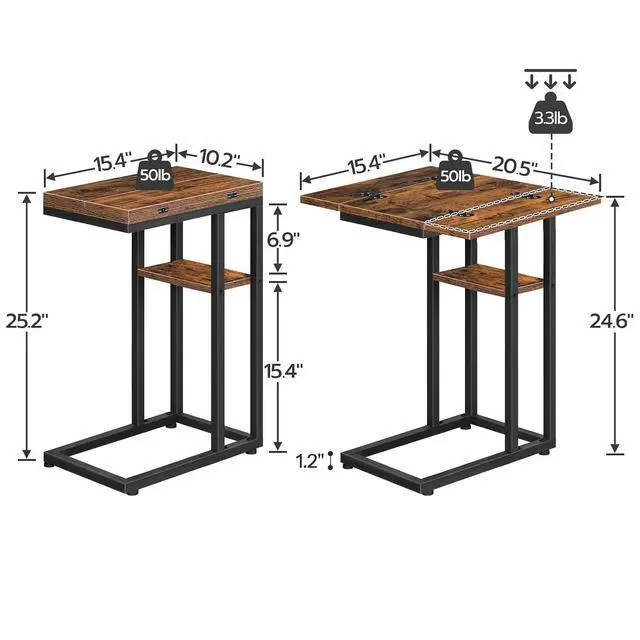 Alt view image 3 of 7 - Foldable C Shaped End Table, C Shaped Side Table with Storage Shelf, Small Snack Table, Slide Under Couch Table for Sofa, Living Room Bedroom Small Spaces Easy Assembly, Rustic Brown BF29SF01