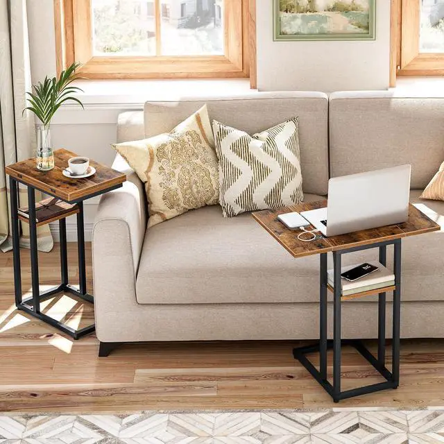 Alt view image 2 of 7 - Foldable C Shaped End Table, C Shaped Side Table with Storage Shelf, Small Snack Table, Slide Under Couch Table for Sofa, Living Room Bedroom Small Spaces Easy Assembly, Rustic Brown BF29SF01