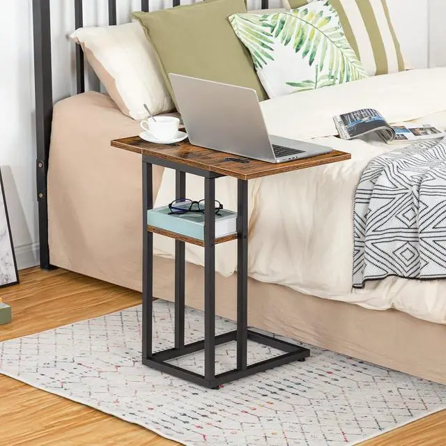 Alt view image 5 of 7 - Foldable C Shaped End Table, C Shaped Side Table with Storage Shelf, Small Snack Table, Slide Under Couch Table for Sofa, Living Room Bedroom Small Spaces Easy Assembly, Rustic Brown BF29SF01