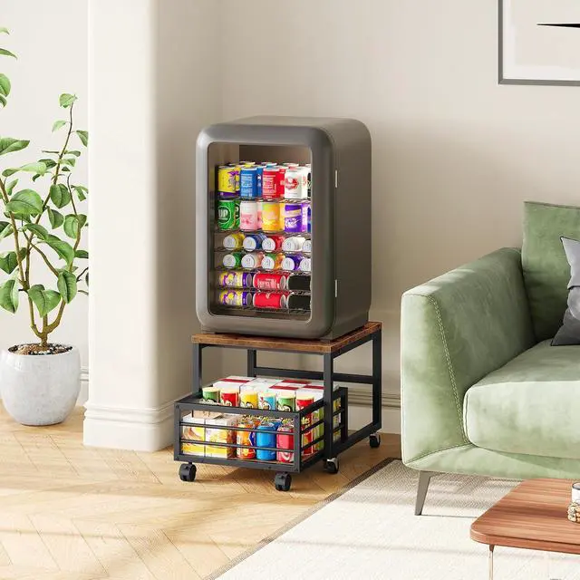 Alt view image 2 of 7 - End Table, Mini Fridge Stand with Storage, Mini Fridge Table with Wheels and Adjustable Feet, Sturdy Metal Frame, for Living Room, Bedroom, Office, Rustic Brown and Black BF155TL01