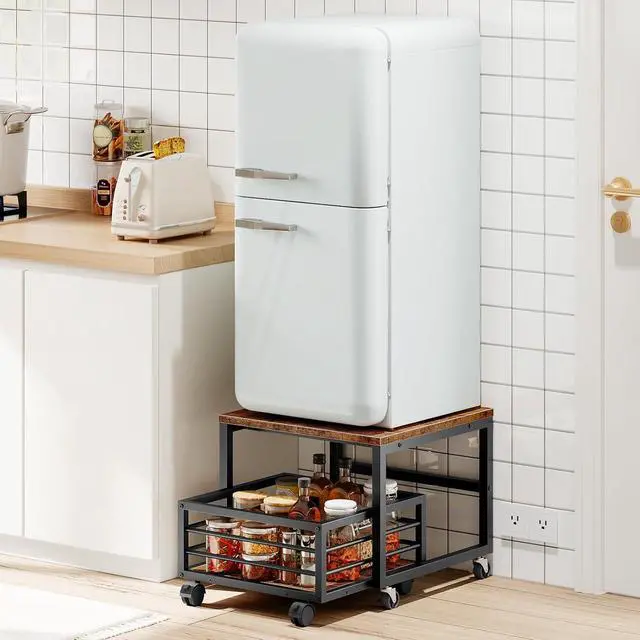 Alt view image 4 of 7 - End Table, Mini Fridge Stand with Storage, Mini Fridge Table with Wheels and Adjustable Feet, Sturdy Metal Frame, for Living Room, Bedroom, Office, Rustic Brown and Black BF155TL01