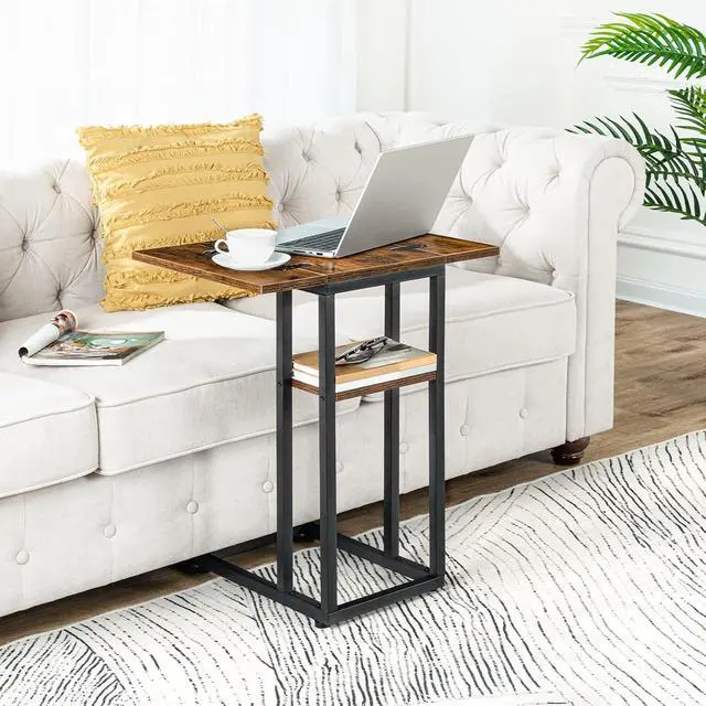 Alt view image 6 of 7 - Foldable C Shaped End Table, C Shaped Side Table with Storage Shelf, Small Snack Table, Slide Under Couch Table for Sofa, Living Room Bedroom Small Spaces Easy Assembly, Rustic Brown BF29SF01