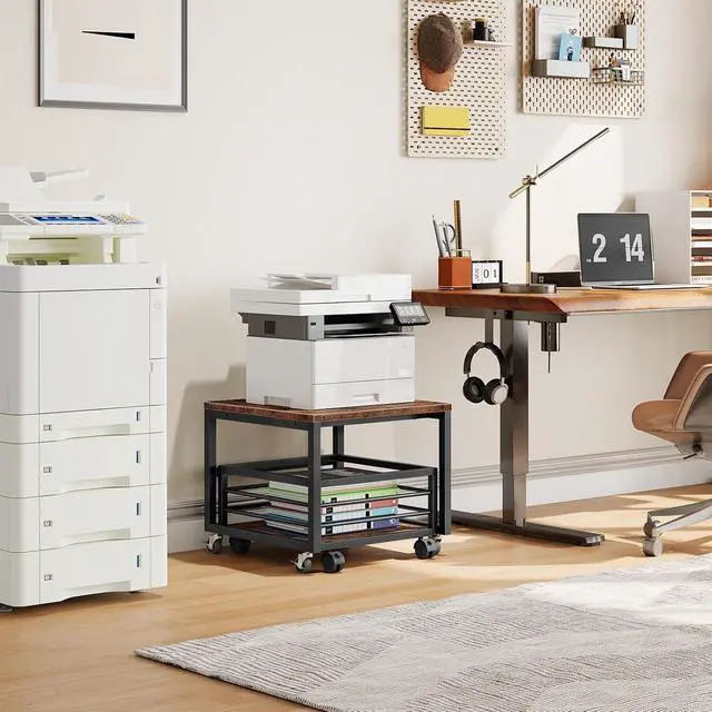 Alt view image 6 of 7 - End Table, Mini Fridge Stand with Storage, Mini Fridge Table with Wheels and Adjustable Feet, Sturdy Metal Frame, for Living Room, Bedroom, Office, Rustic Brown and Black BF155TL01